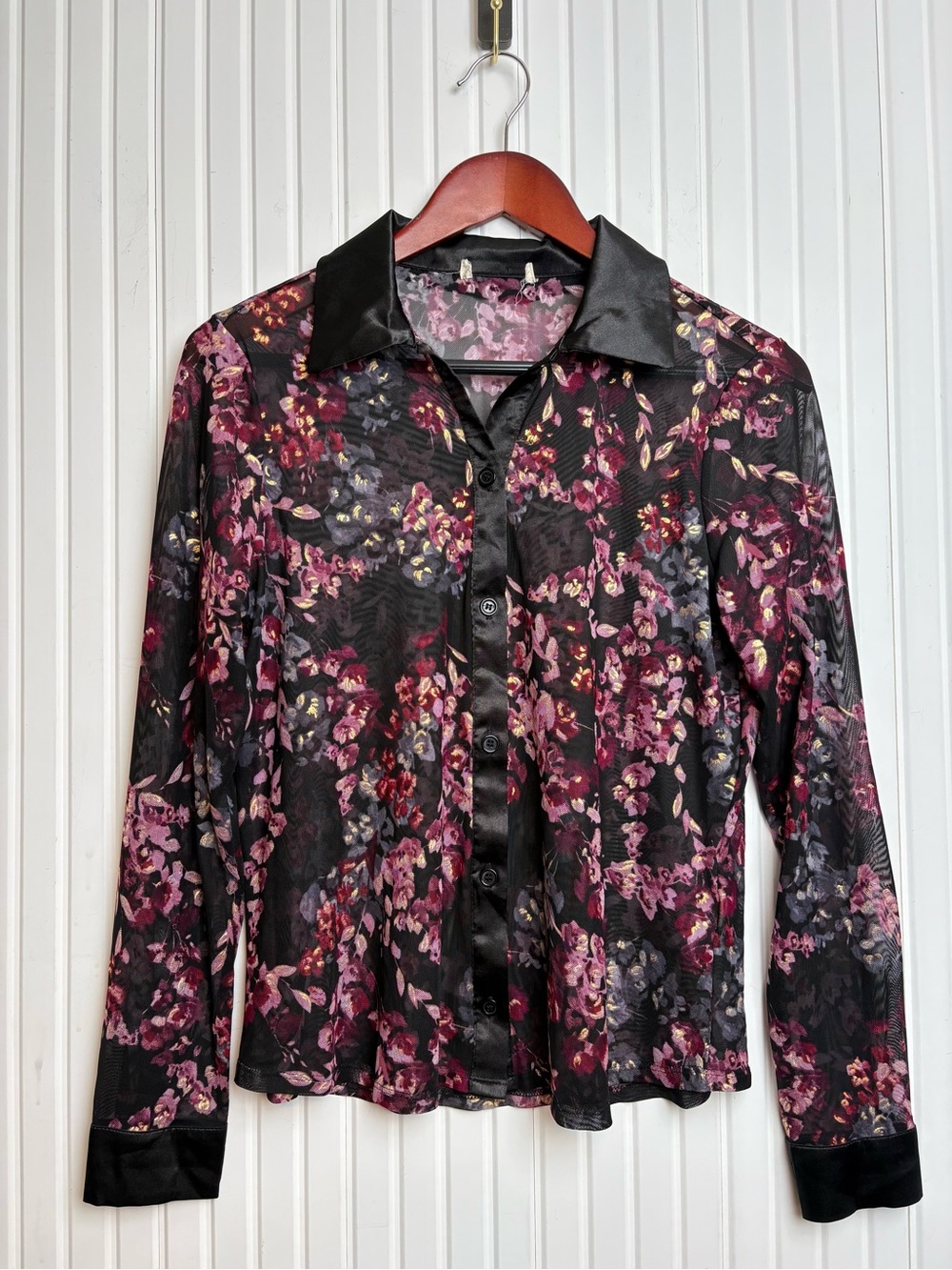 Women’s Sheer Mesh Floral Top M Black Purple Collard Whimsigoth Soft Goth Layer